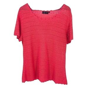 4/$45 Vintage Coral Pink Short Sleeve Scoop Neck Crochet Knit Top size Large